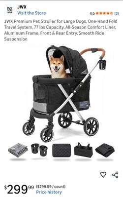 Pet Stroller for Large Dogs, One-Hand Fold Travel System, 77 lbs Capacity, All-Season Comfort Liner, Aluminum Frame, Front & Rear Entry, Smooth Ride S