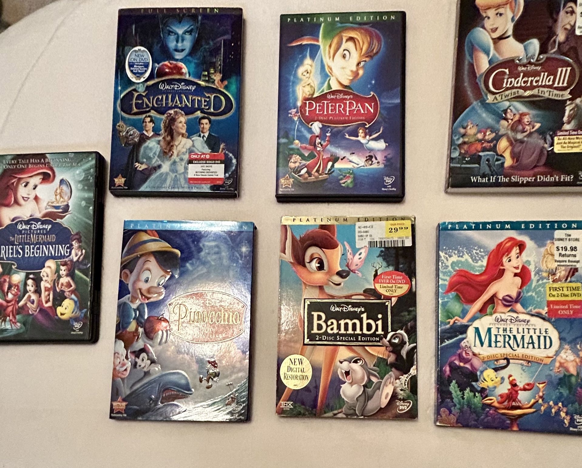 Disney Movies, Lot of 7 ~ Little Mermaid, Peter Pan, Bambi, Pinocchio…