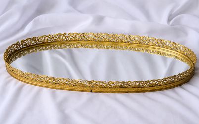 Vintage Ornate Gold Filigree Mirrored Vanity Tray – Elegant Dresser