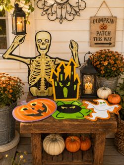 Vintage Halloween Skeleton & Pumpkin Table Displays & Four Cut Outs - Six Items Total