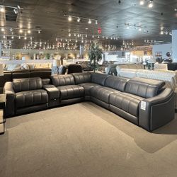 Dark Grey Leather 6PC Power Reclining Sectional