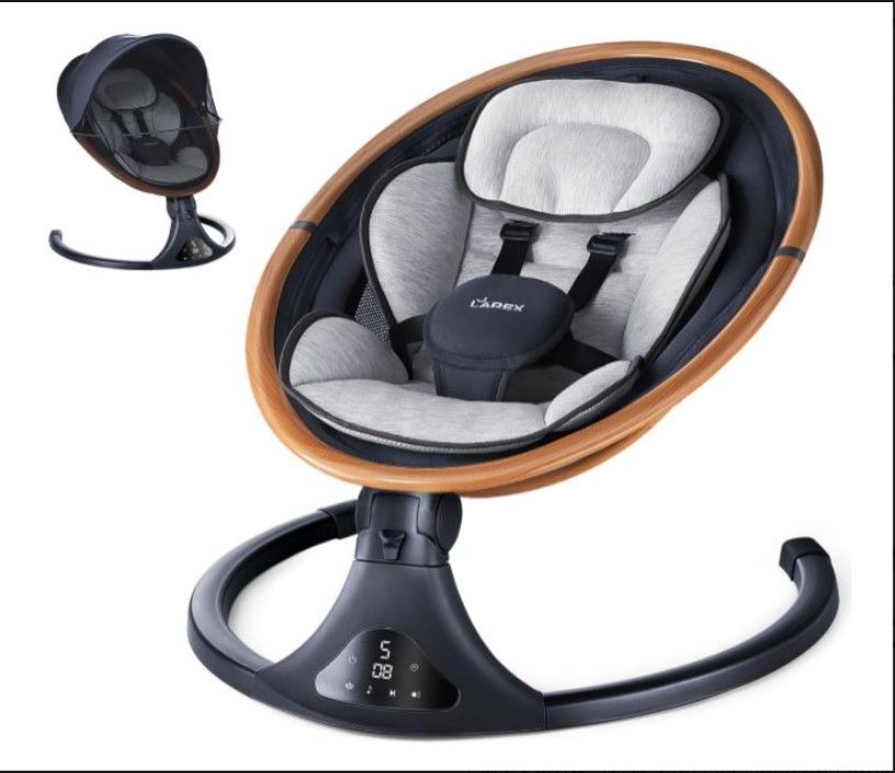 Electric Infant- Baby Rocker-Swing, Bluetooth, Remote- Gray w/ Wood trim