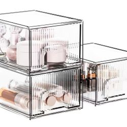 3Pack Striped Stackable Makeup Organizer, Clear Acrylic Organizers Storage Drawer Organizer, Cosmetics Case and Beauty Organizer for Vanity, Kitchen C