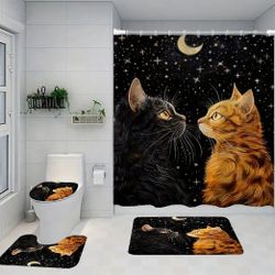 4-pcs. Moon/Black & Orange Cats Shower Curtain Set