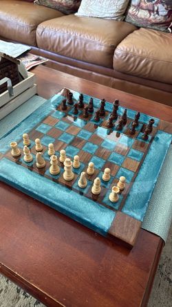Turquoise Diamond Black Walnut Chess Board (Chess Set Included)