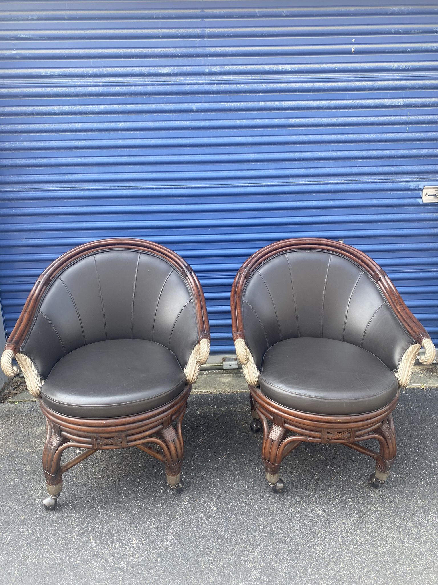 PRICE DROP! Vintage Pair Of Black Leather Chairs With Bamboo Frame/legs and Wheels