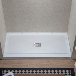 SJK-6032-C   WOODBRIDGE 60"×32"x3.6" Solid Surface Shower Pan Base in White, Alcove Installation with Center Drain, Slip-Resistant