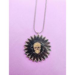 Handmade Goth Gothic Grey Skull Glitter Resin Sunflower Necklace