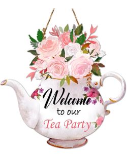 CANIPHA Tea Party Decorations Door Sign, Colorful TeaPot-Shaped Tea Party Decor Hanging Door Plaque Floral Themed Welcome Sign for Party, Tea Party De