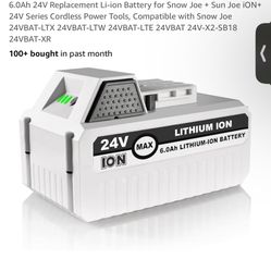 6.0Ah 24V Replacement Li-ion Battery for Snow Joe + Sun Joe iON+ 24V Series Cordless Power Tools, Compatible with Snow Joe 24VBAT-LTX 24VBAT-LTW 24VBA