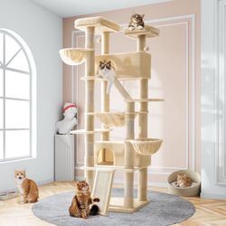81" Large Cat Tree Tower for Large Cats with Cat Condo Hammock, 2 Scratching Ramps, 6 Scratching Posts, Beige