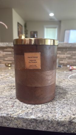 Wooden Utensil Holder with Gold Rim