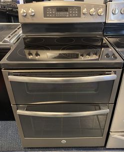 Black Stainless Steel GE Five Burner Glass Top Electric Stove with Double Oven (2-0193)