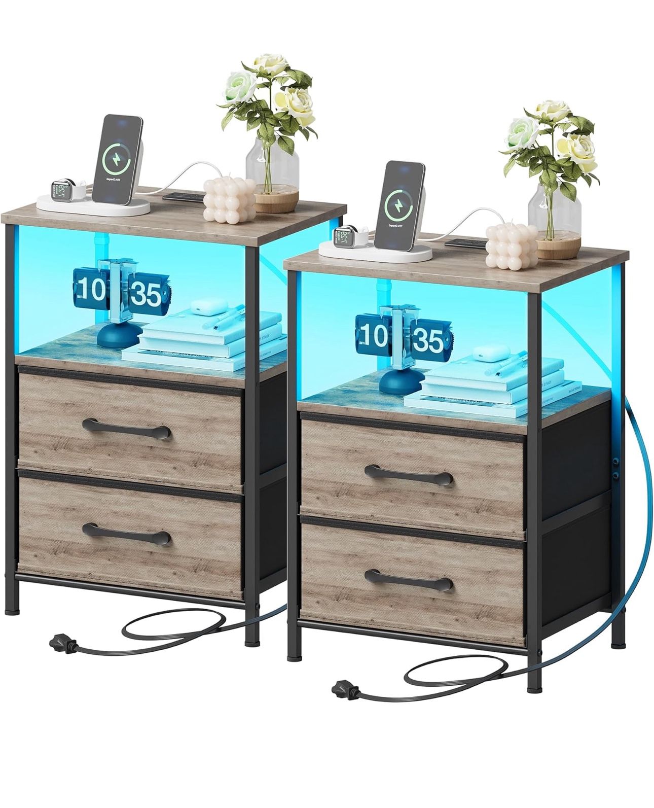 Set of 2 bedside tables, bedside table with charging station and LED lights, bedside table with 2 fabric drawers for bedroom, small side table with op