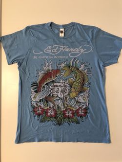 Ed Hardy x Christian Audigier Blue Graphics Tee — Size Large