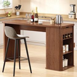 59 Inch Kitchen Island with Storage, Fluted Counter Height Table, Mid-Century Modern Kitchen Island Table with Sliding Door, Home Bar Table