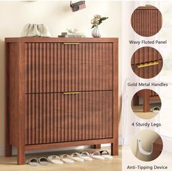 Fluted Shoe Cabinet Storage with 2 Flip Drawers ,Red Walnut
