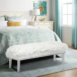 White Furry Accent Bench – Plush Vanity Bench for Bedroom or Entryway