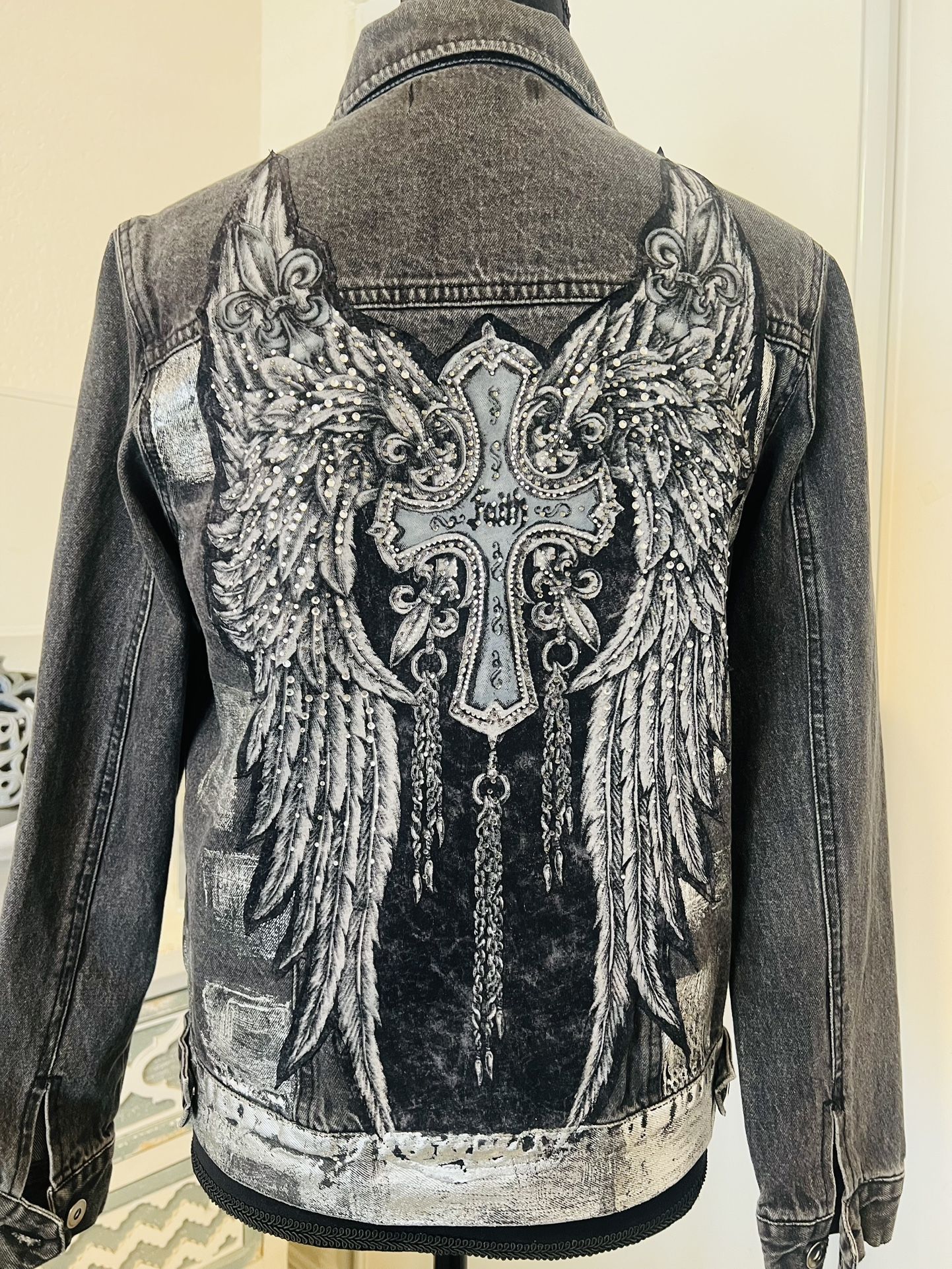 Reworked Denim/Foil/wings/faith Women’s Jacket. Small