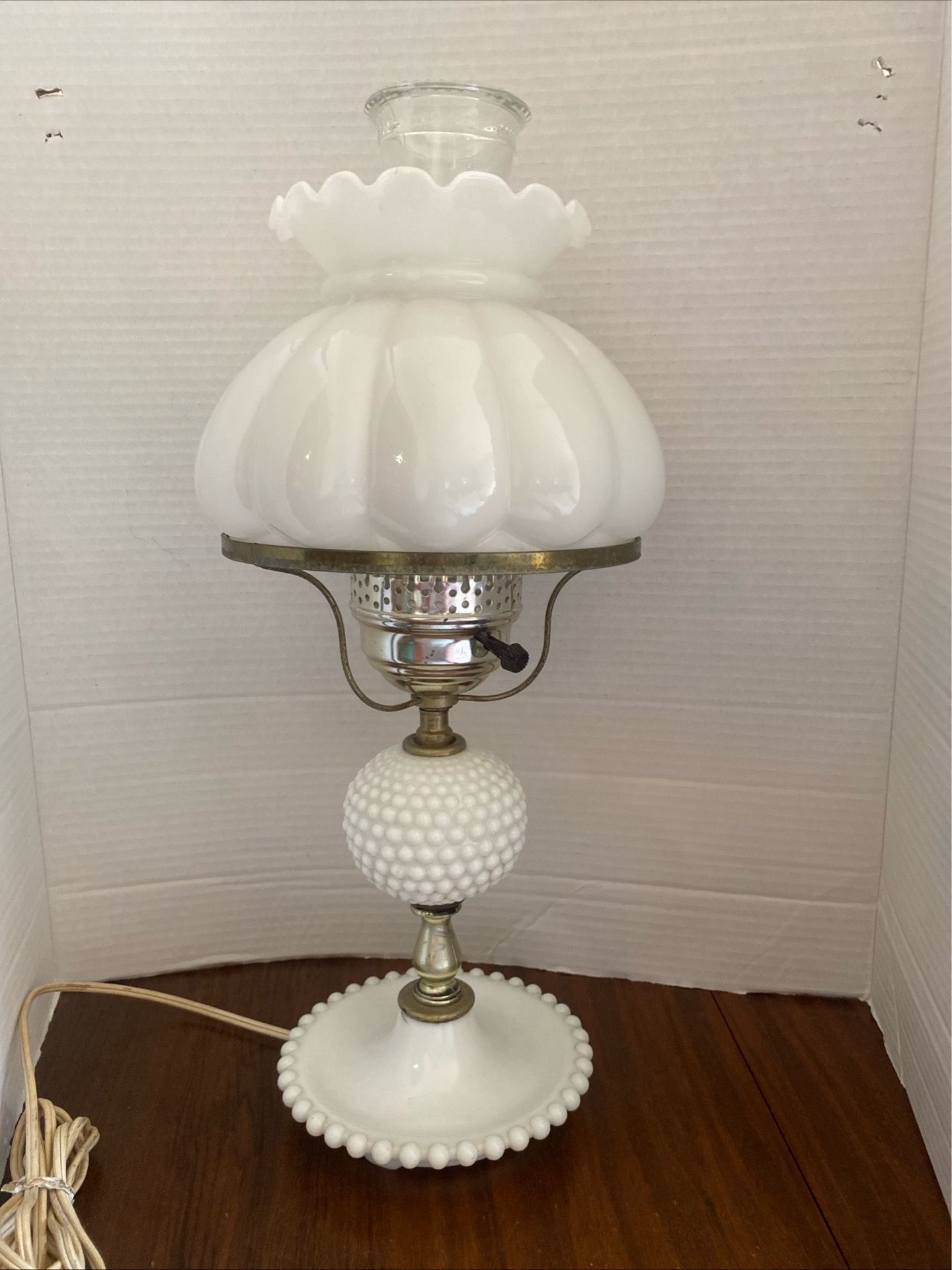 Vintage Hobnail Milk Glass Hurricane Electric Table Lamp