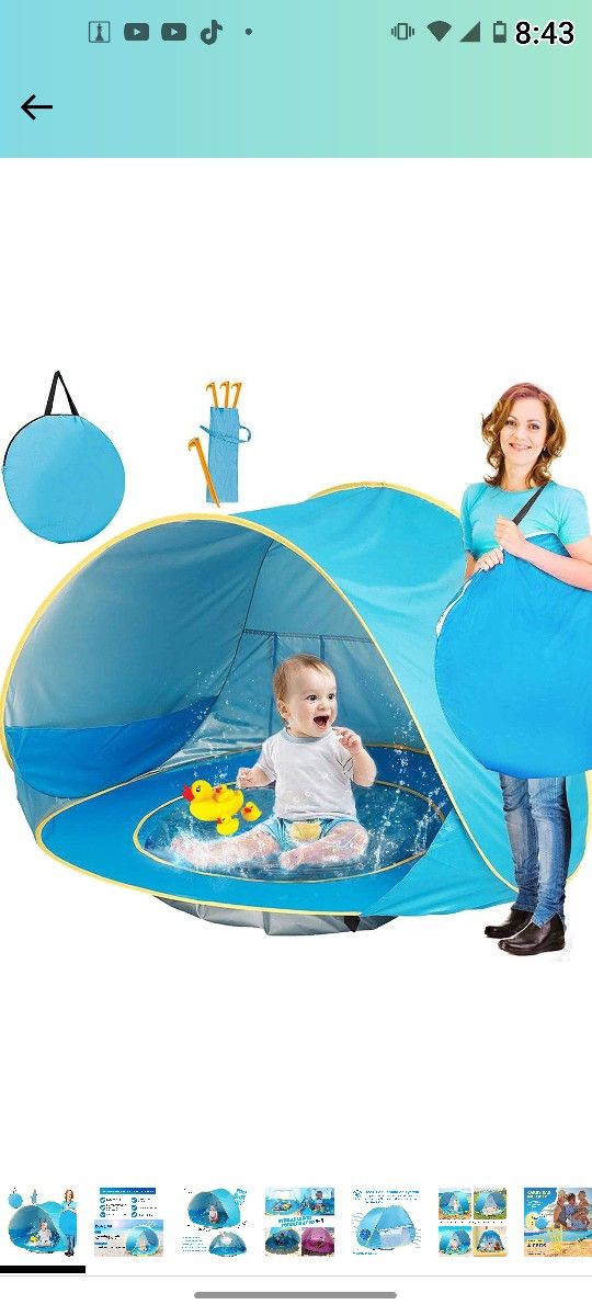 Baby Beach Tent, Pop Up Portable Sun Shelter with Pool, 50+ UPF UV Protection & Waterproof 300MM, Summer Outdoor Tent for Aged 3-48 Months Baby Kids P