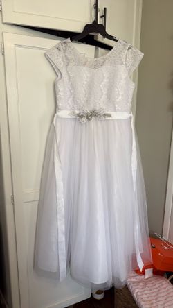 White dress with beaded/crystal flower sash
