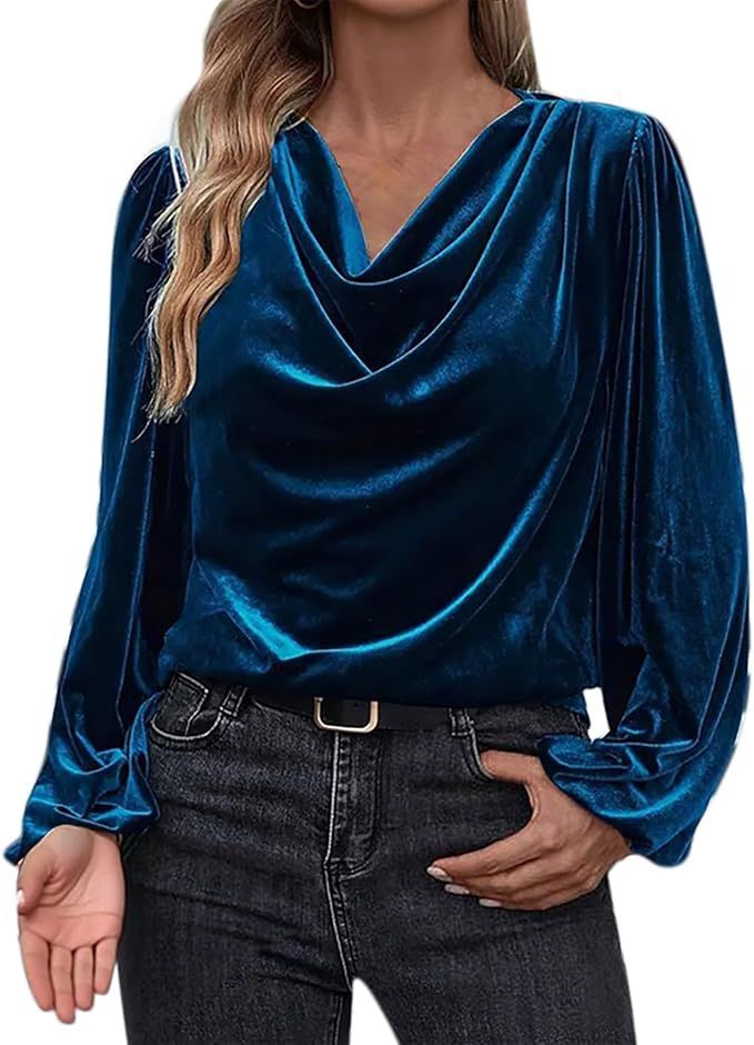 Women's Velvet T Shirts Casual Long Sleeve Solid Shirt Cowl Neck Drape Ruched Front Long Sleeve Blouses Tops