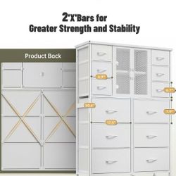 😀 EnHomee White Tall Dresser(11.8"Dx37.8"W x50.6"H) for Bedroom with Charging Station & LED & Mesh Door, 12 Fabric Drawer Dressers&Chests of Drawers