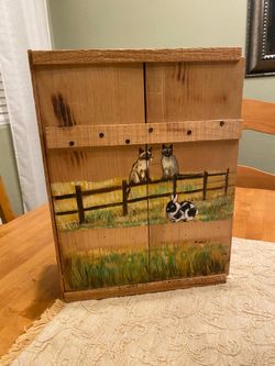 Handmade wood decor  box with sliding opening. Cats & bunny painted design. Artist signed. Farmhouse
