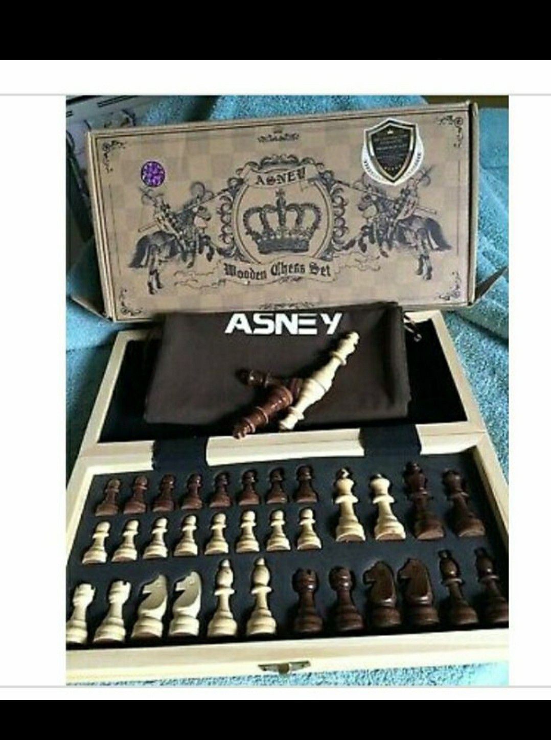 asney wooden chess set12x12 magnetic folding game board w/extra pcs & carry bag