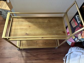 Rustic Wood & Gold Metal Rolling Bar Cart
