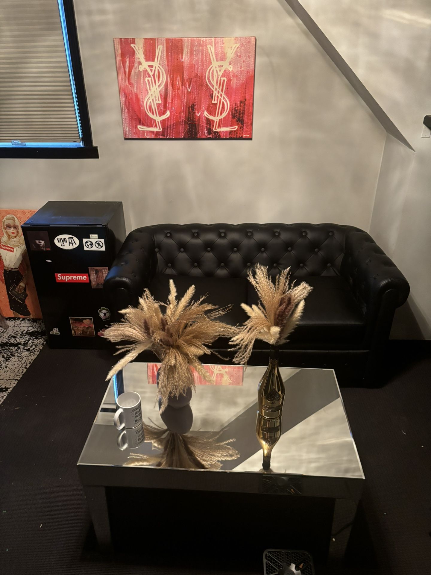 Love Seat ,table, Mini Fridge