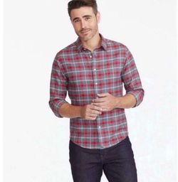 Men's Untuckit Slim Fit Red/Gray Plaid Long Sleeve Button Down Shirt Size Medium