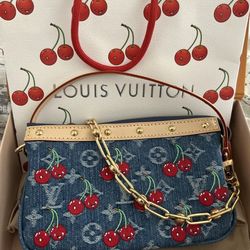 Louis Vuitton x Takashi Murakami Denim Cherry Pochette – Brand New