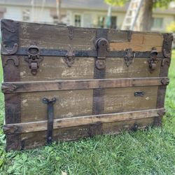 Antique  Large Wood Steamer Trunk  W/ Original Handsome Hardware and Wheels