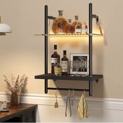 Bestier LED Gaming Floating Shelves for Wall, 15" Wall Mounted Shelf Pipe Glass Shelves, 2 Tier Hanging Display Rack with 6 S-Hooks Towel Bar, Gaming 