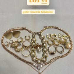 Gold Jewelry Lot 16 pc Pearl Crystal Necklace Earrings Rings Bundle Feminine 