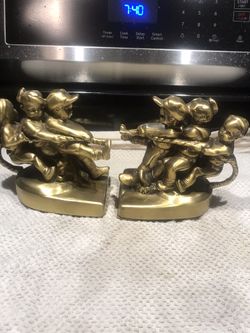 Vintage Brass Children Tug Of Rope War Bookends Pair Mid Century Kids Figure Craftsman USA 