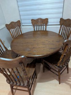 Vintage solid wood Dining set: round table, 6 chairs, extra leaf, lighted China hutch, corner hutch and dry bar