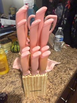 Farberware Pink Knife Set with Wood Block and other kitchen items