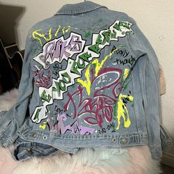 TopShop Moto Graffiti Denim Jean Jacket, Size 2 in US - Colorful pattern, FUN 