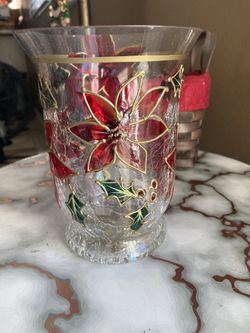 Christmas Holiday Spirit 6” Hurricane Tealite Holder Etched With Poinsettias