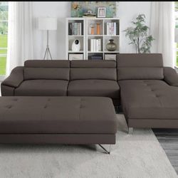 Brand New Brown Leather Modern Style Sectional Sofa w XL Ottoman