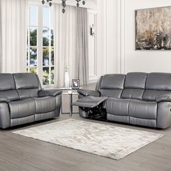 Brand New Grey Leather Reclining Sofa & Loveseat 