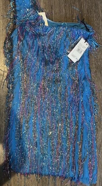 Liv Foster sz S one shoulder beaded fringe blue multicolor mini dress