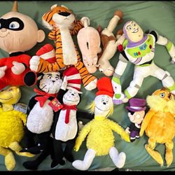12 plush characters dolls, Disney, Dr. Seuss, cat in the hat, the incredibles