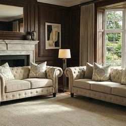 Brand New Beige Chesterfield Tufted Sofa And Love Seat