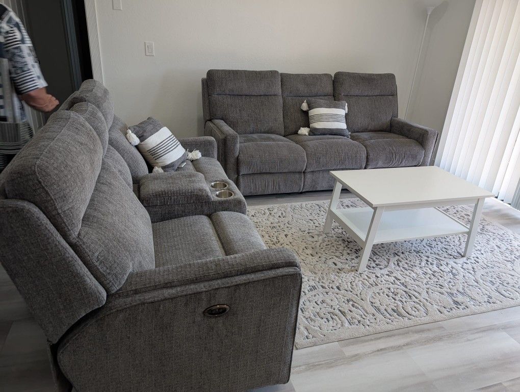 Gray Corduroy Electric Reclining Sofa And Loveseat With Four Out Of Five Reclining Sections