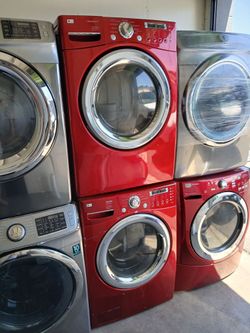 LG CHERRY RED STEAM FRONT LOAD WASHER AND GAS DRYER