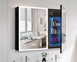Built-in Mini Fridge for Skincare, Lighted Medicine Cabinet with Mirror, Adjustable LED Light Mirror